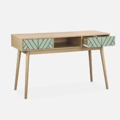 Console Effet Bois Naturel 2 Tiroirs Couleur : Vert D'eau -Sweeek IMKDESK120GW 02