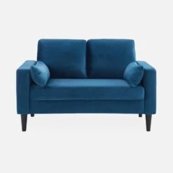 Canapé 2 Places Vintage Velours Pieds Bois D'hévéa Couleur : Bleu -Sweeek ISOF2VVBD 02