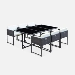 Table De Jardin Encastrable Résine Tressée, 6 Chaises Couleur : Marron -Sweeek WK6CUBEBN 01