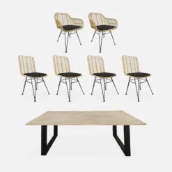 Table à Manger Bois Et Métal 180cm + 4 Chaises Et 2 Fauteuils En Rotin Naturel