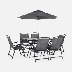 Table De Jardin Acier, 6 Fauteuils Et 1 Parasol -Sweeek mt140r6umbat 2c954750b592ed504c04ef547f1daf73