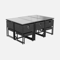 Table De Jardin Encastrable Résine Tressée 6 Chaises, 4 Poufs Couleur : Noir / Ecru -Sweeek wk6cubepfbk 2aff644756054c92644c2bf186f27785