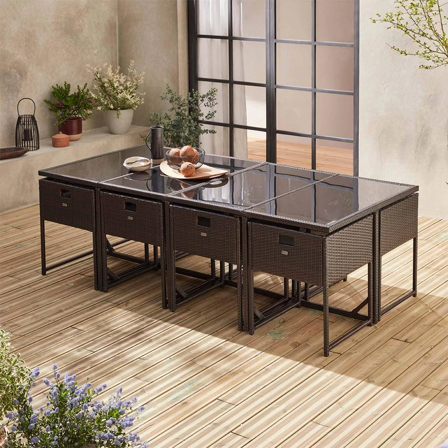 Table De Jardin Encastrable Résine Tressée, 8 Chaises Couleur : Marron 4 Table De Jardin Encastrable Résine Tressée, 8 Chaises Couleur : Marron – Image 2
